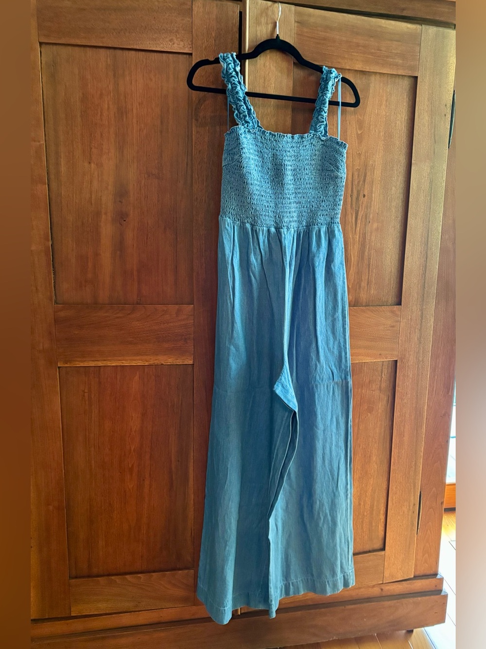 Draper James brand Smocked Denim-Style Jumpsuit with Wide Legs - Blue